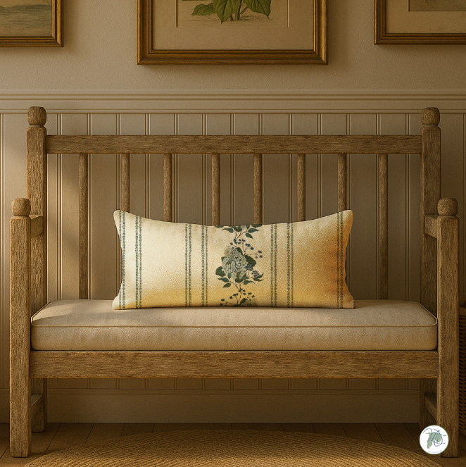 Wooden bench with a decorative pillow in a room with framed artwork on the wall.