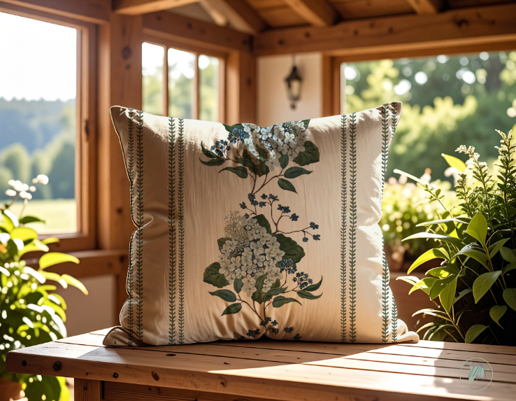 Decorative pillow with floral pattern on a wooden surface with plants and windows in the background