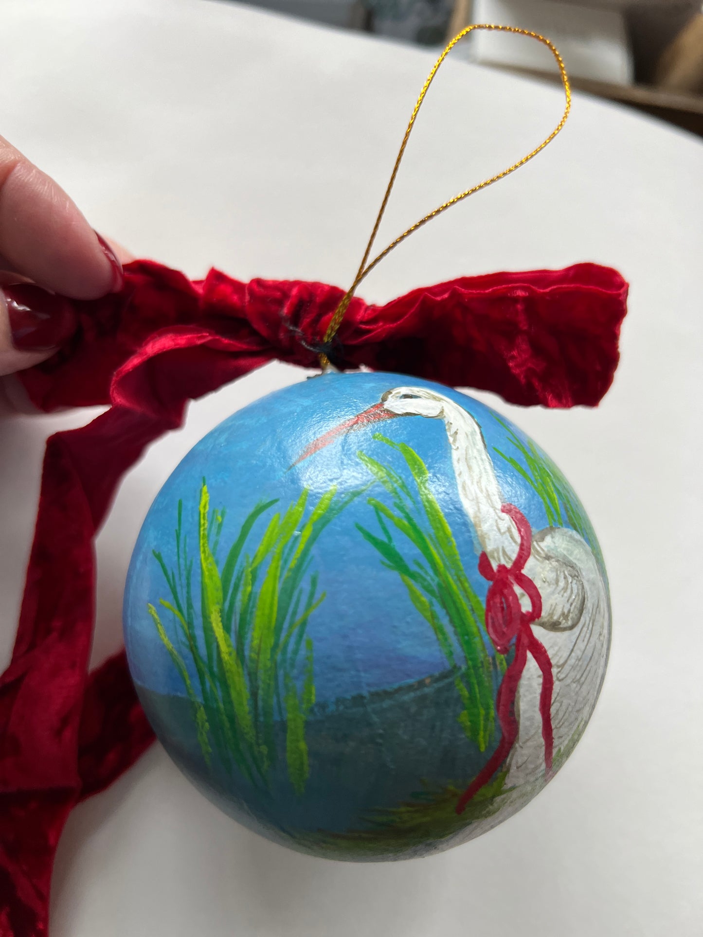 Hand-Painted Egret Christmas Ornament - Coastal Bauble, Heirloom Gift