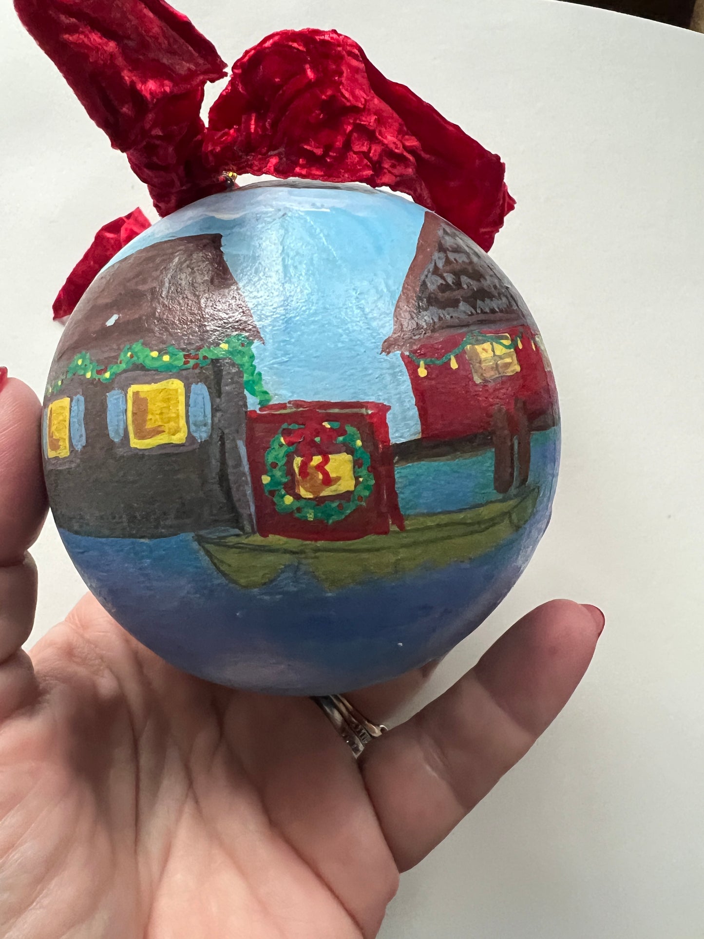 Hand-Painted Coastal Ornament – New England Fishing Village, Heirloom Bauble