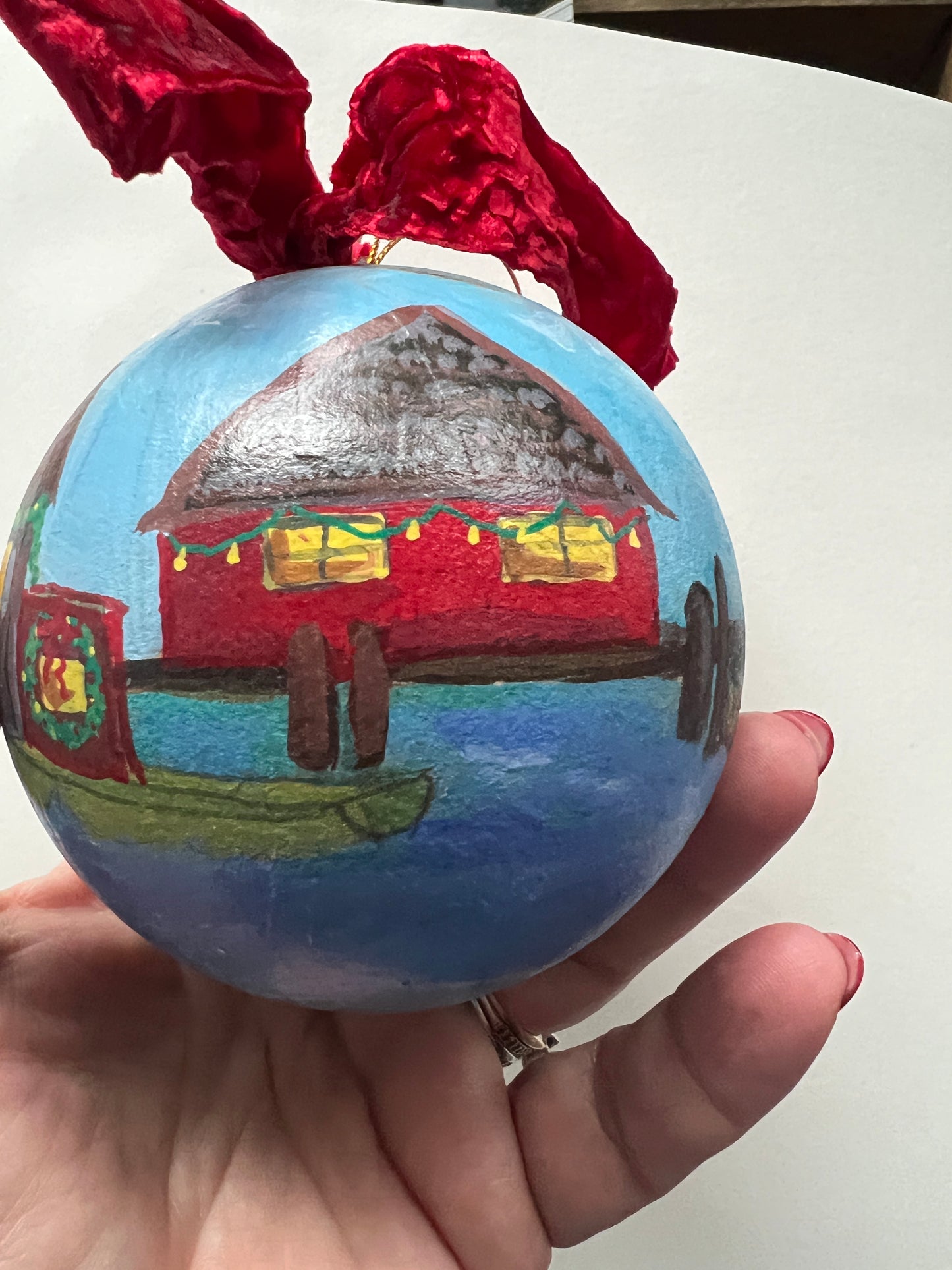 Hand-Painted Coastal Ornament – New England Fishing Village, Heirloom Bauble