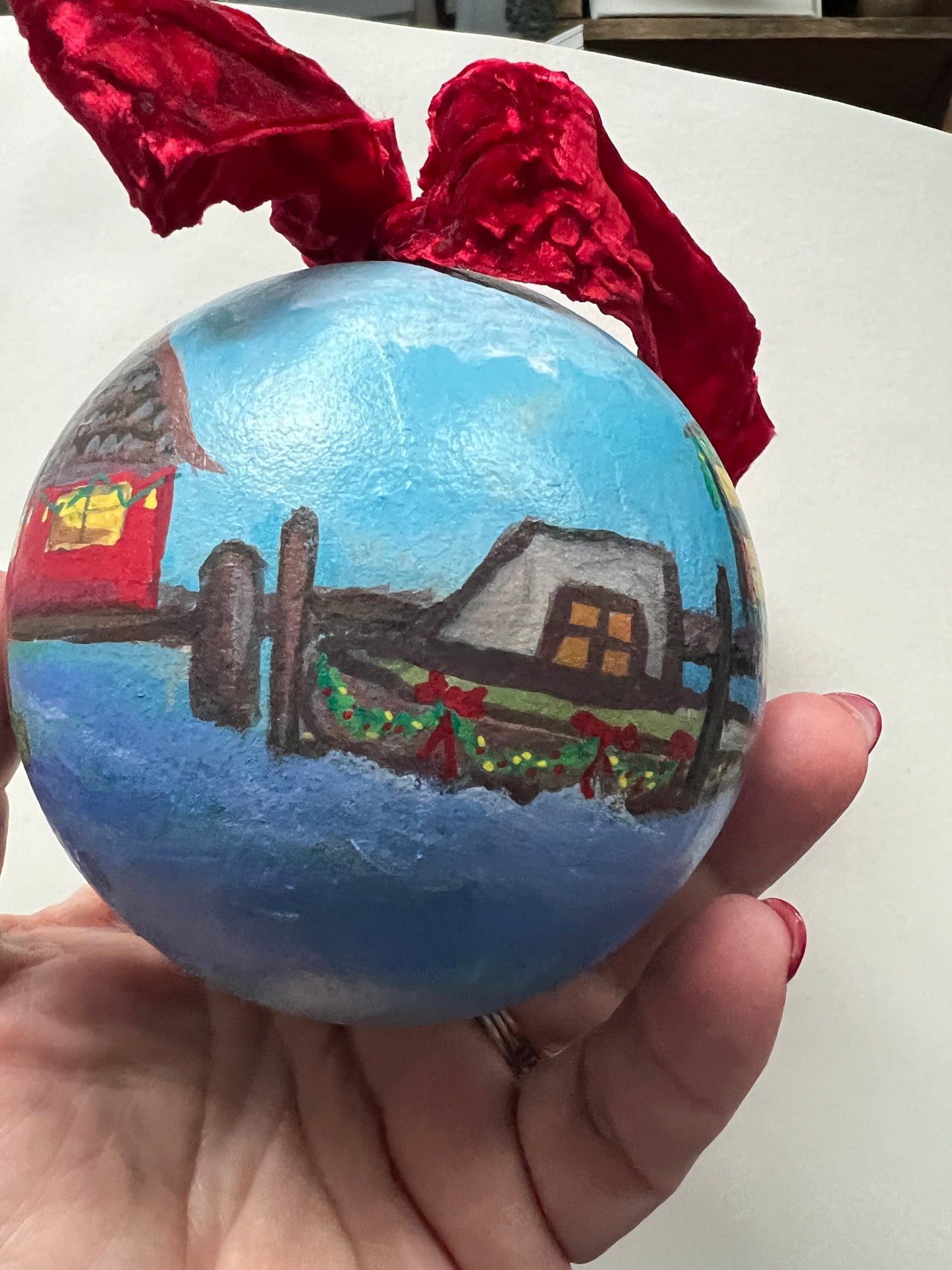 Hand-Painted Coastal Ornament – New England Fishing Village, Heirloom Bauble