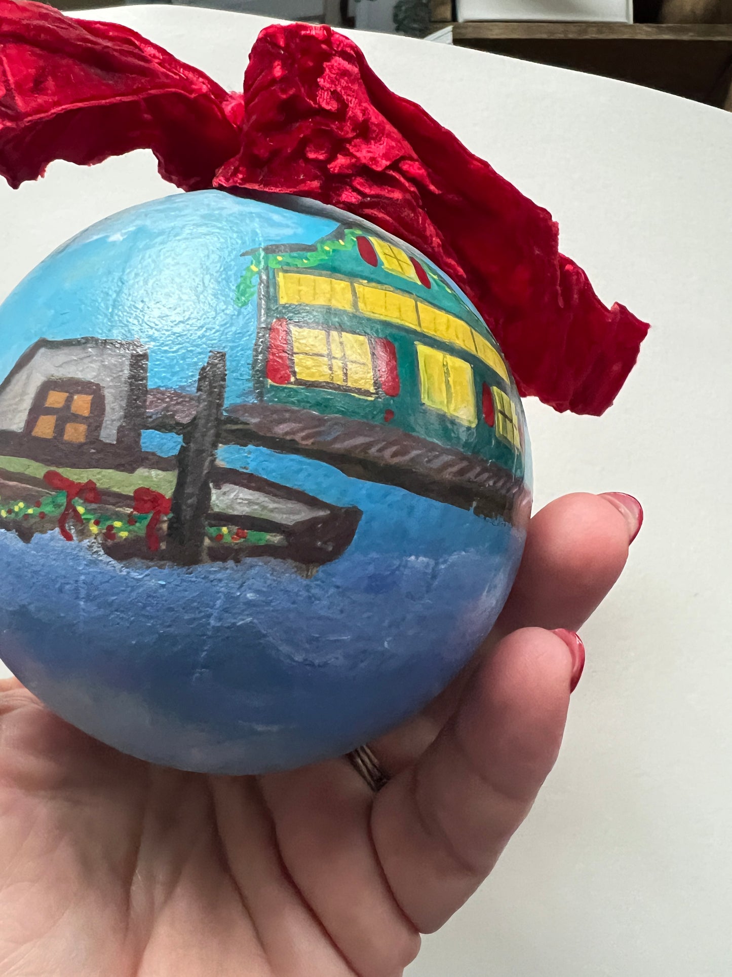 Hand-Painted Coastal Ornament – New England Fishing Village, Heirloom Bauble