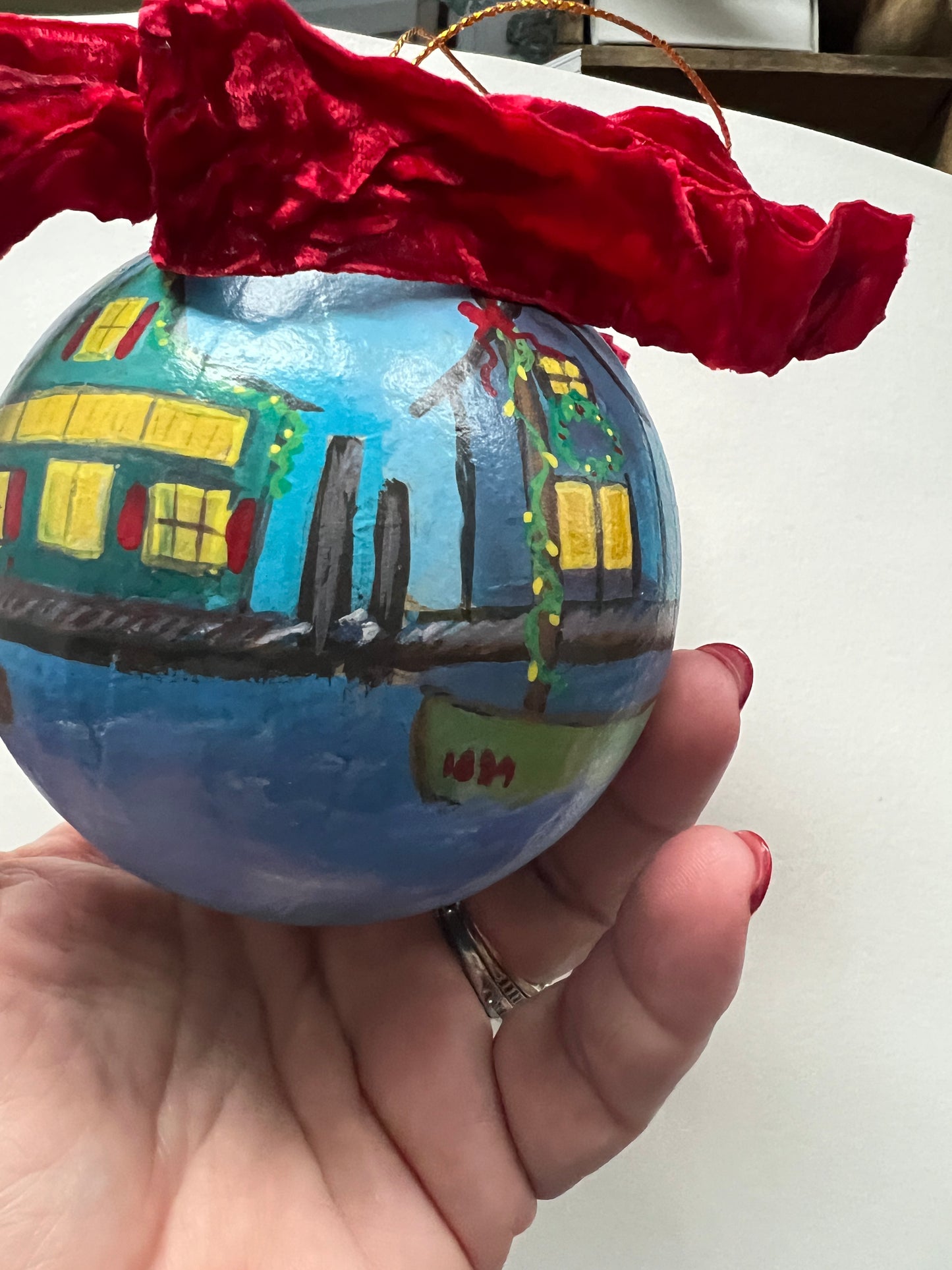 Hand-Painted Coastal Ornament – New England Fishing Village, Heirloom Bauble
