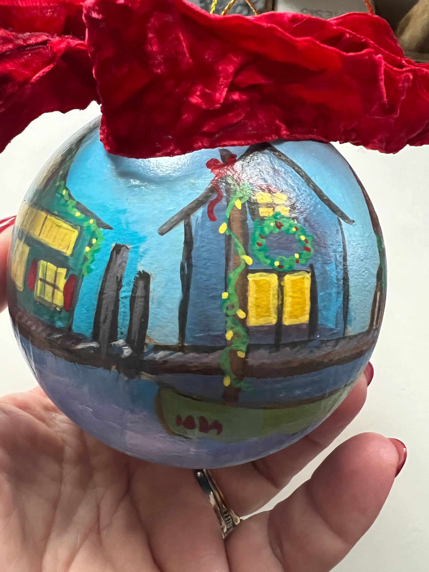 Hand-Painted Coastal Ornament – New England Fishing Village, Heirloom Bauble