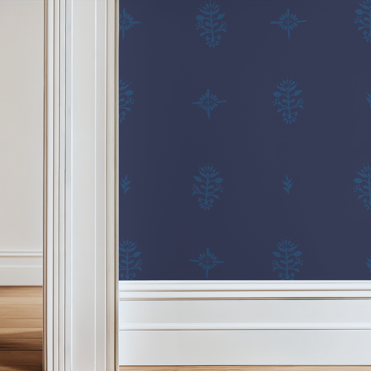 Navy blue window film with floral pattern on a window