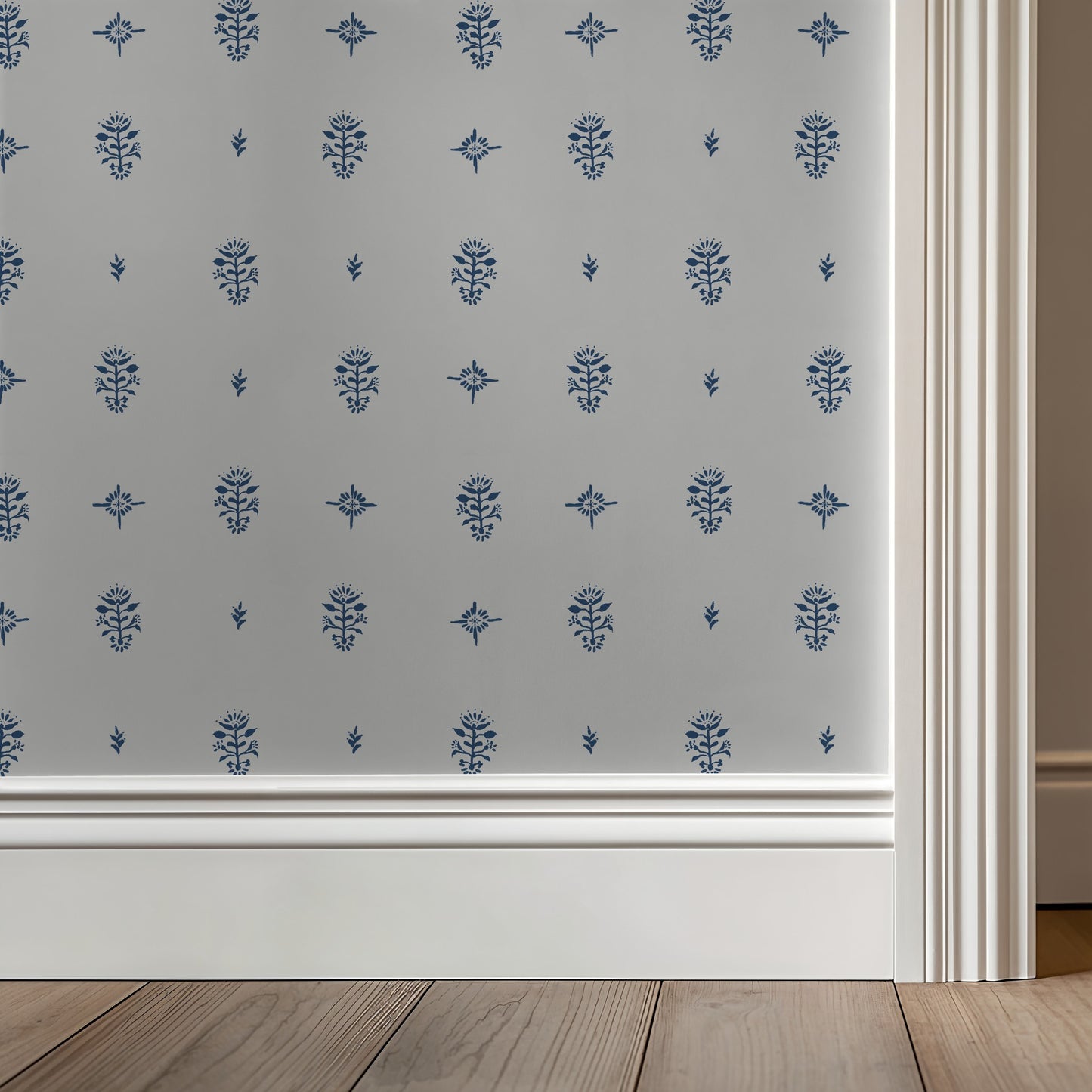 Decorative window blind with blue floral pattern on a gray background