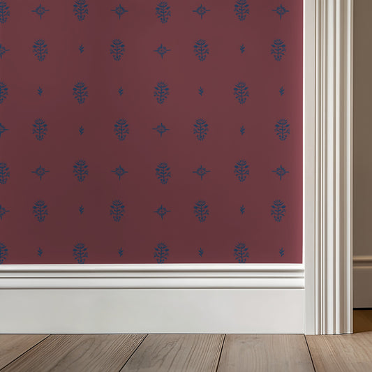 Wallpaper with blue geometric pattern on a red background
