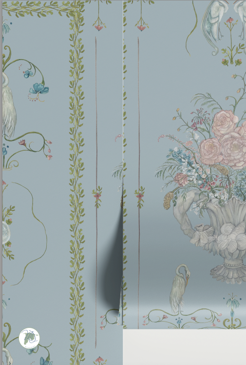 Decorative wallpaper with floral and bird patterns on a light blue background