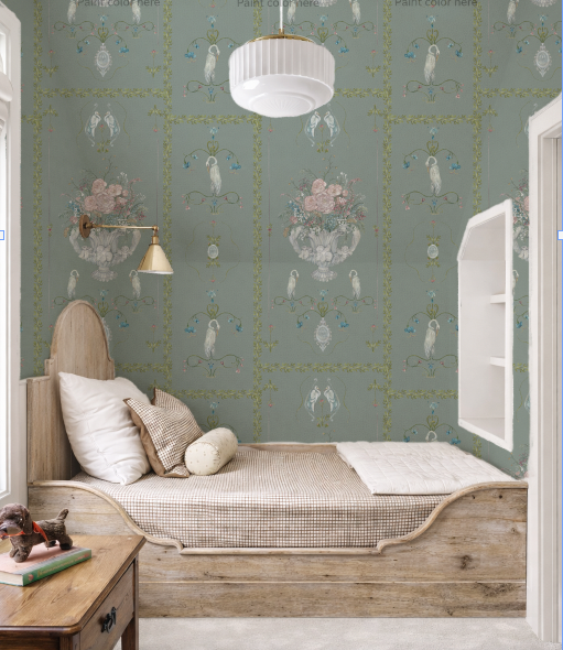 Children's bedroom with decorative wallpaper, wooden bed, and side table.