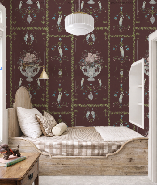 Room interior with patterned wallpaper, wooden bench, and small table.