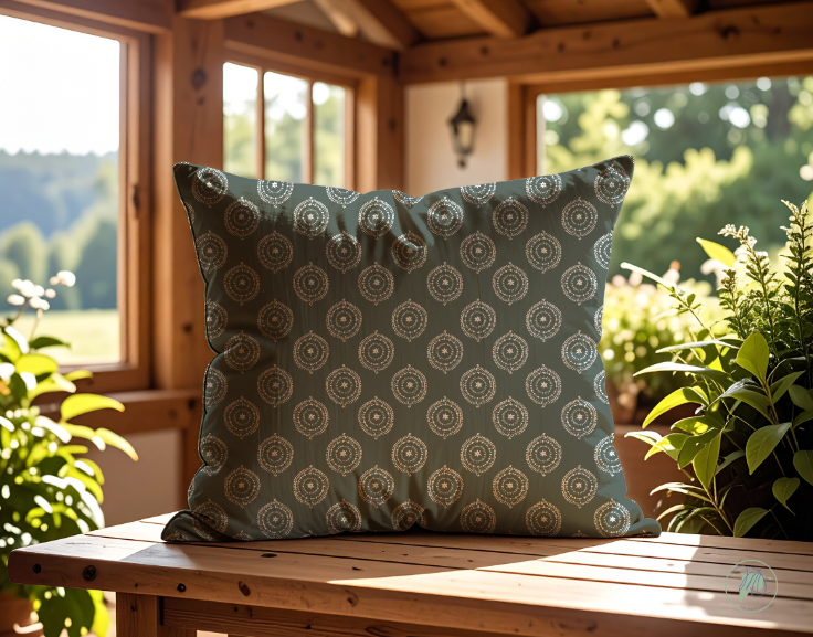Decorative pillow with a pattern on a wooden surface outdoors