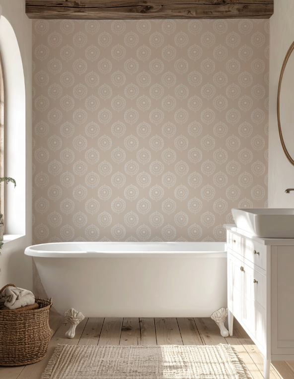 Bathroom with patterned wallpaper, freestanding bathtub, and wooden floor.