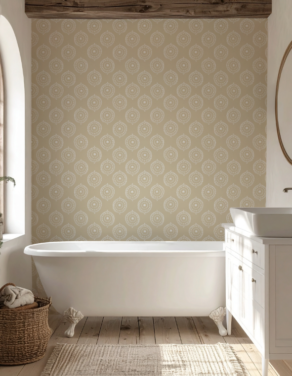 Bathroom with patterned wallpaper, freestanding bathtub, and wooden floor.
