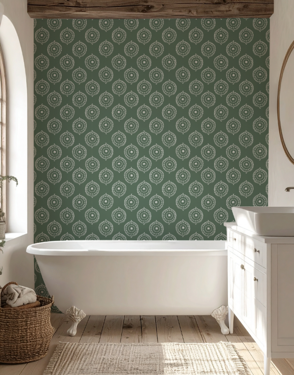 Bathroom with green patterned wallpaper, white bathtub, and wooden floor.