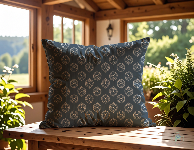 Decorative pillow with a geometric pattern on a wooden surface with a scenic background
