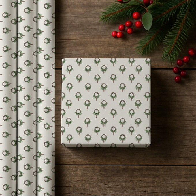 Gift box with Christmas tree pattern on a wooden surface with wrapping paper and berries.