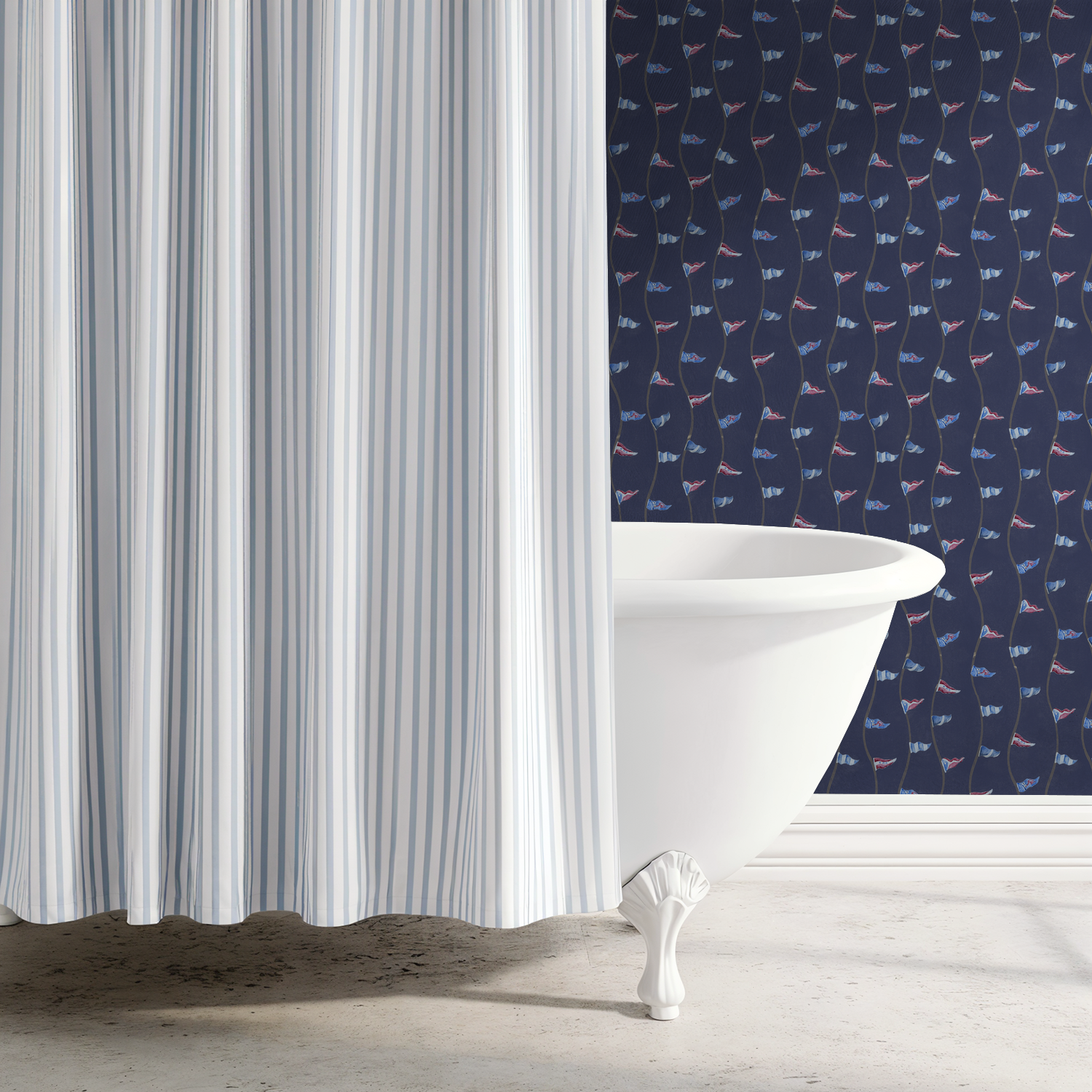 Bathroom with a freestanding bathtub against a patterned wall