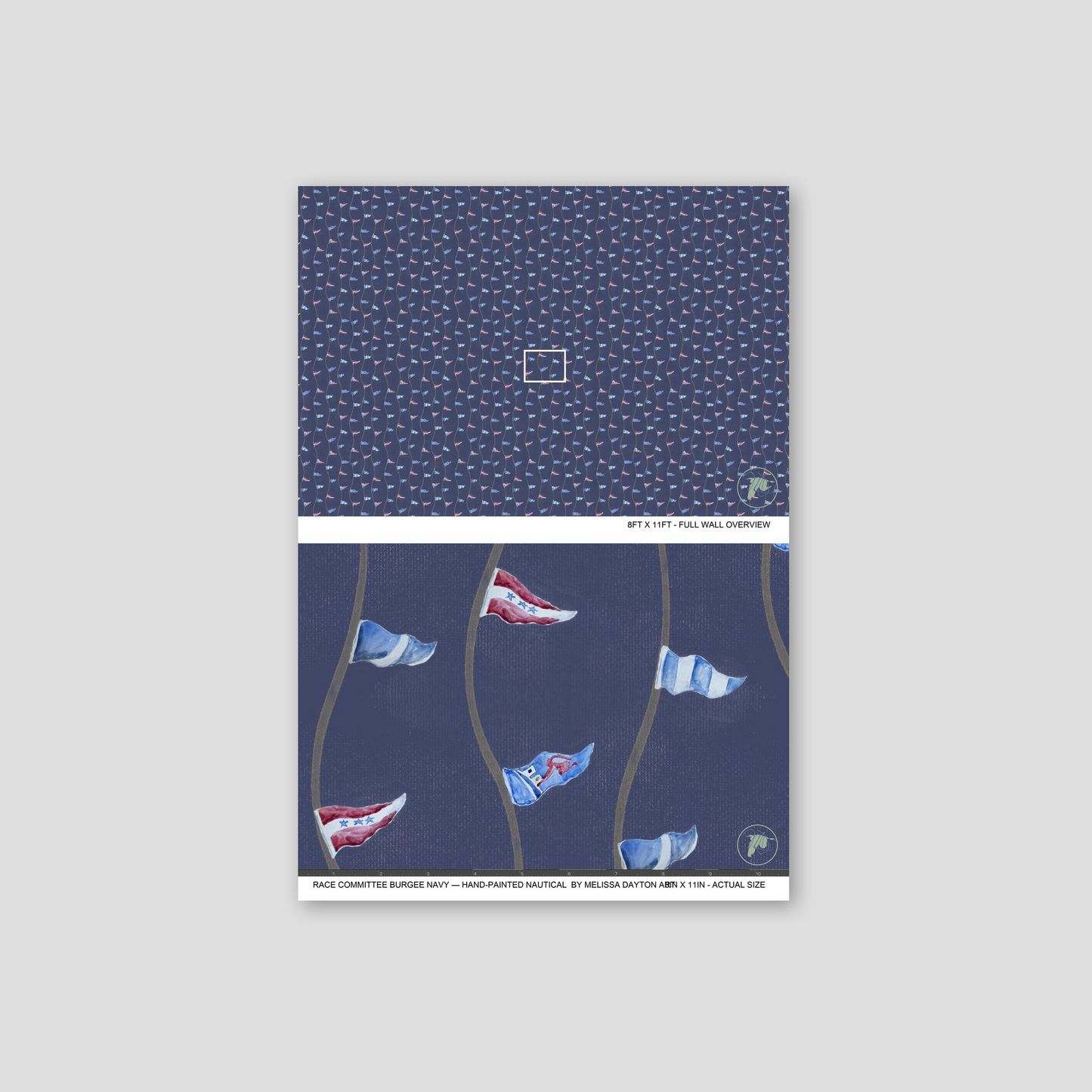 Notebook with a blue cover featuring small white patterns and illustrations of flags on a gray background