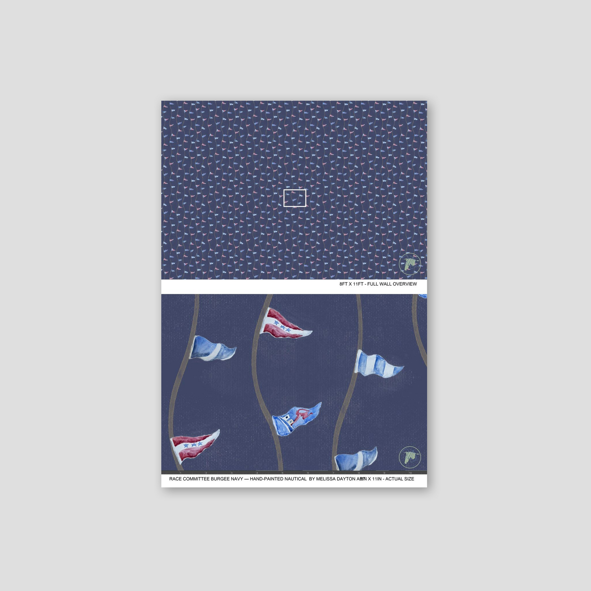 Notebook with a blue cover featuring small white patterns and illustrations of flags on a gray background