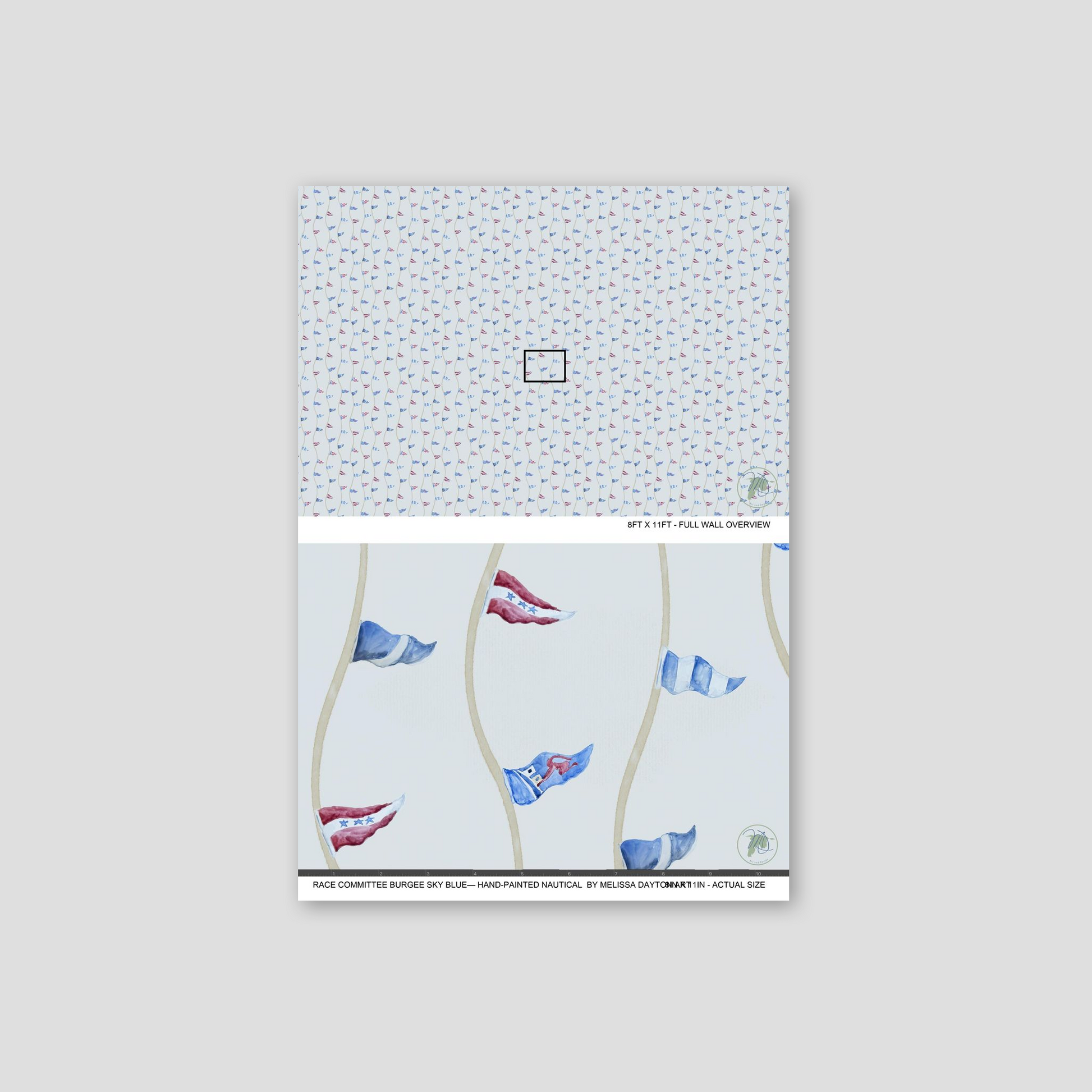 Patterned paper with a small square logo at the top on a light gray background