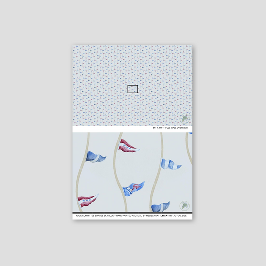 Patterned paper with a small square logo at the top on a light gray background