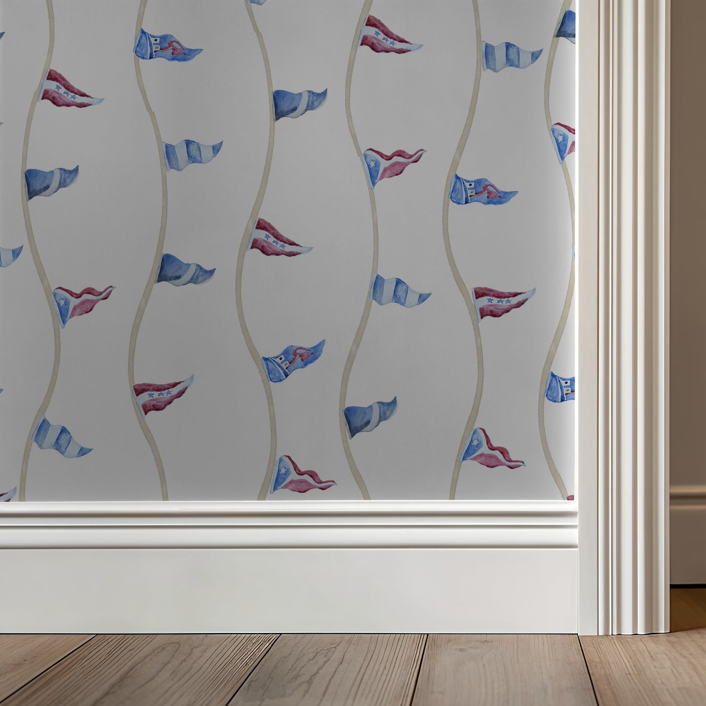 Decorative window film with wavy pattern and colorful shapes on a glass surface.