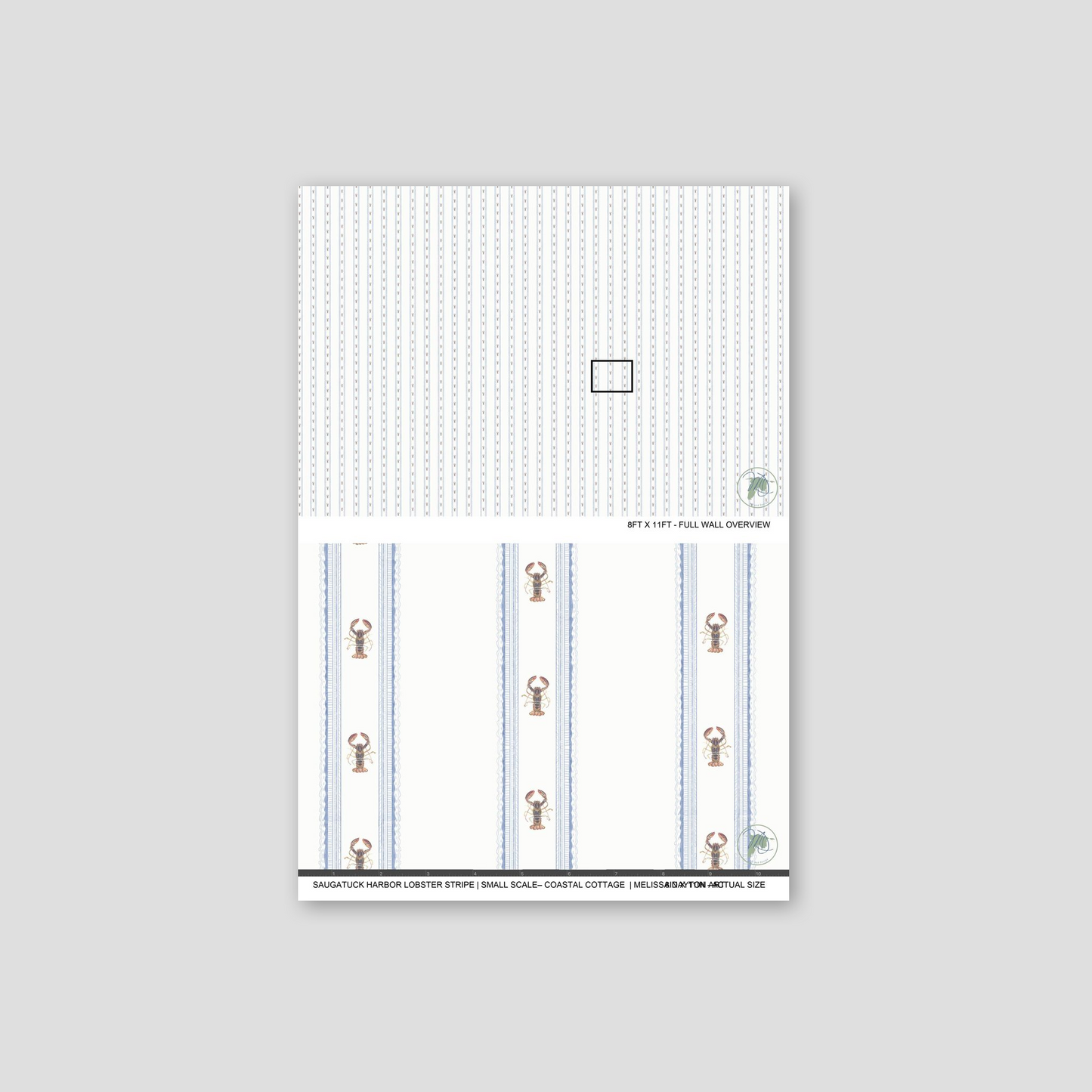 Design sheet with measurement chart and decorative elements on a gray background