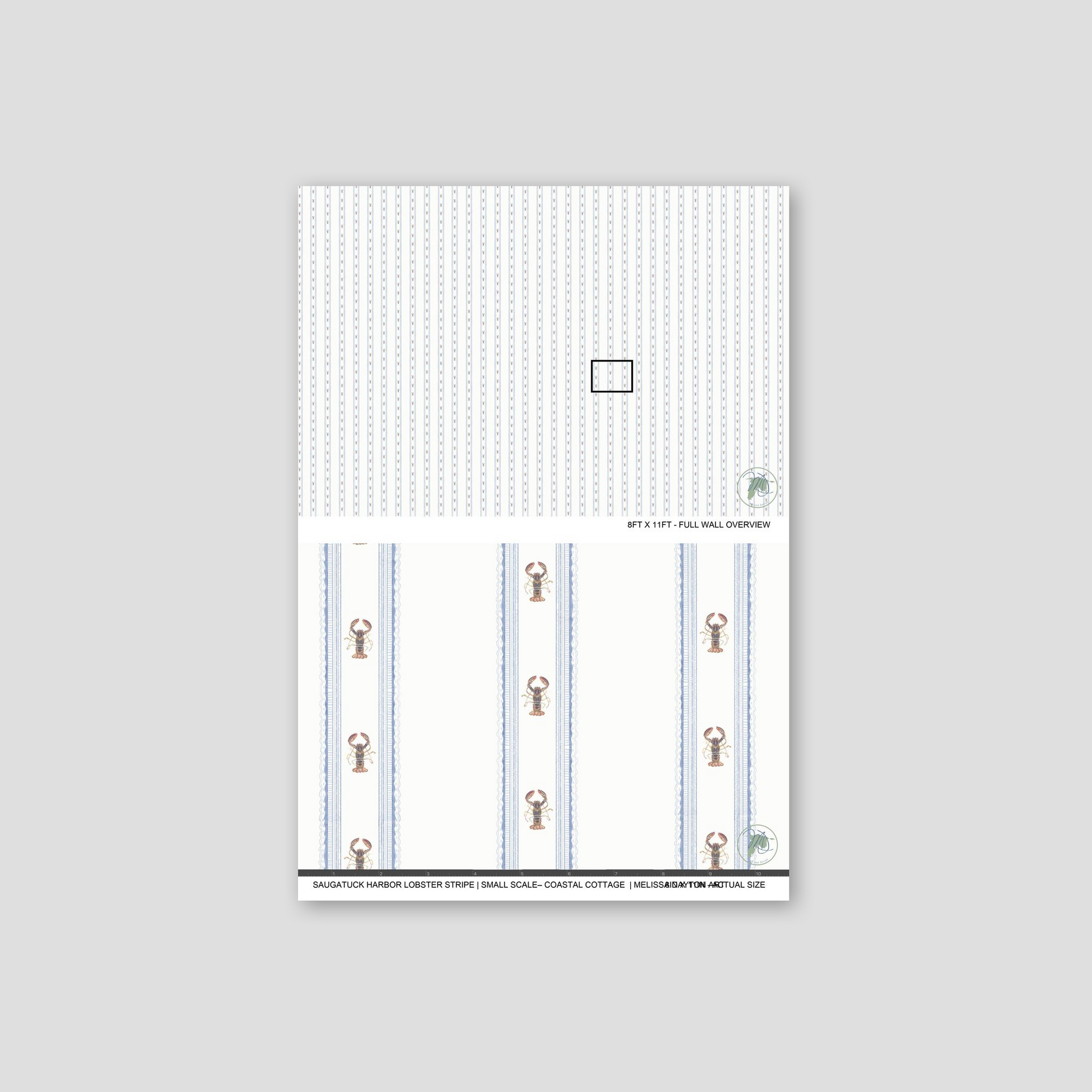 Design sheet with measurement chart and decorative elements on a gray background