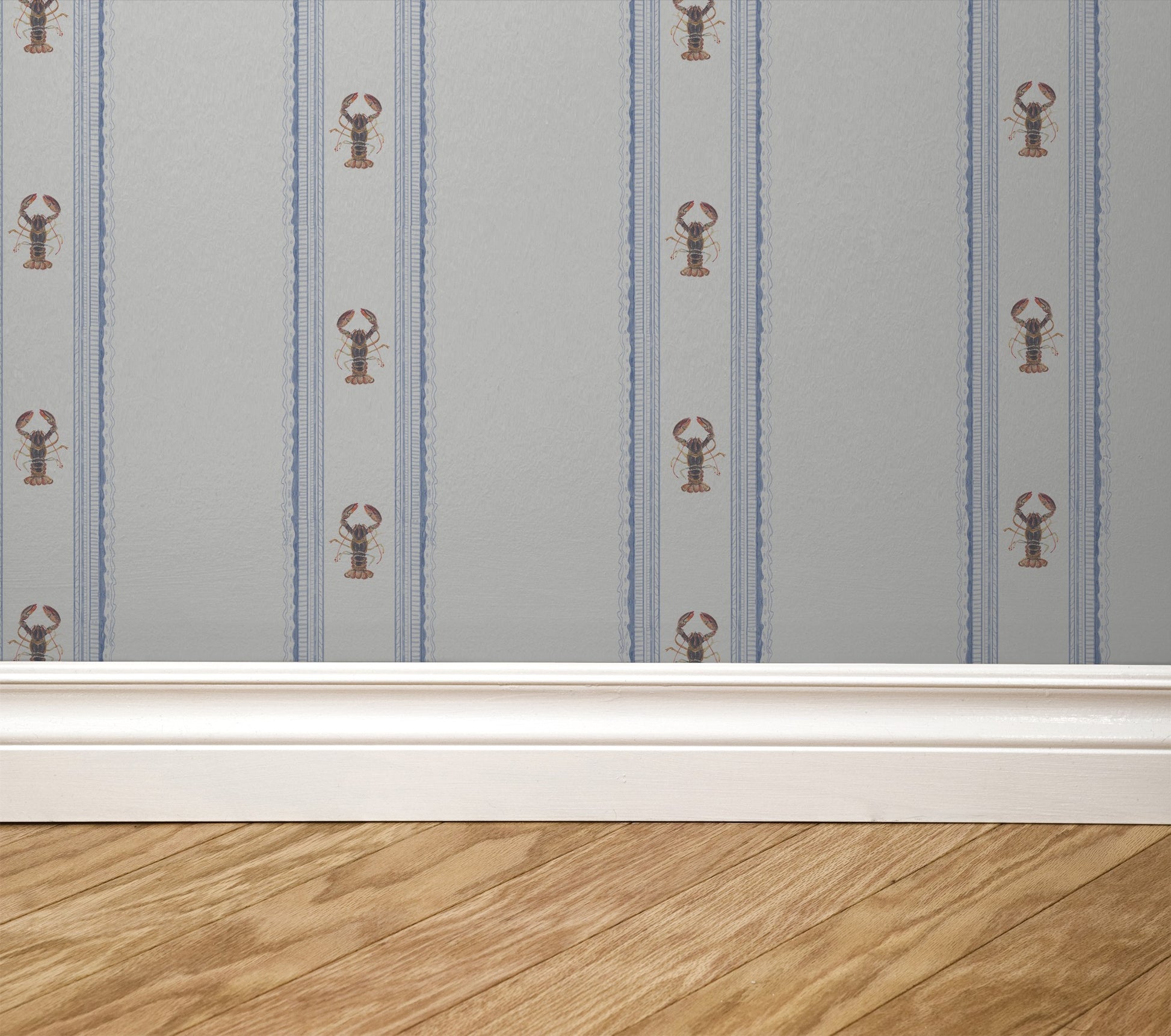 Wallpaper with lobster pattern on a light gray background, transitioning to wooden flooring.