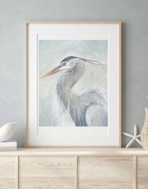 Heron I – Coastal Bird Art Print in Soft Neutrals (Unframed)