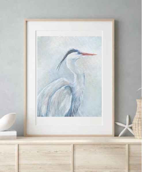 Heron II – Coastal Heron Art Print in Soft Blues & Grays (Unframed)