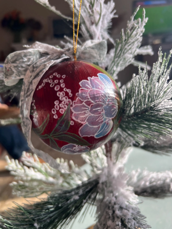Hand-Painted Chinoiserie Christmas Ornament, Cranberry Red Bauble (3.5")