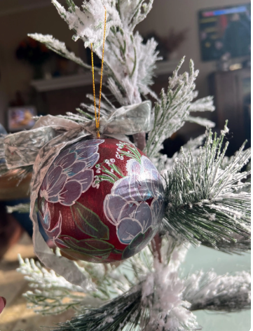 Hand-Painted Chinoiserie Christmas Ornament, Cranberry Red Bauble (3.5")