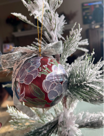 Hand-Painted Chinoiserie Christmas Ornament, Cranberry Red Bauble (3.5")
