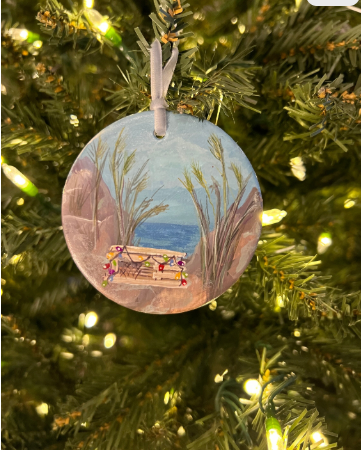 Handpainted Ornament Lobster Pot in the Dunes Coastal Christmas decoration Handpainted Ornament sea grass sand Christmas lights Disk ornament