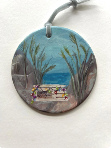 Handpainted Ornament Lobster Pot in the Dunes Coastal Christmas decoration Handpainted Ornament sea grass sand Christmas lights Disk ornament