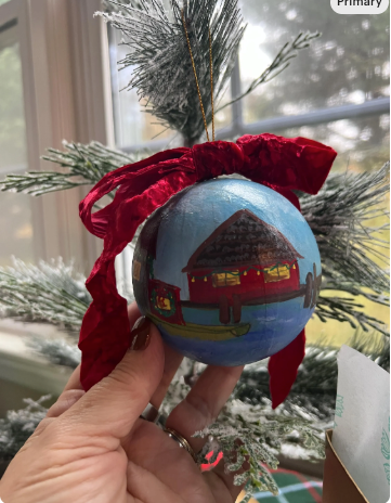 Hand-Painted Coastal Ornament – New England Fishing Village, Heirloom Bauble