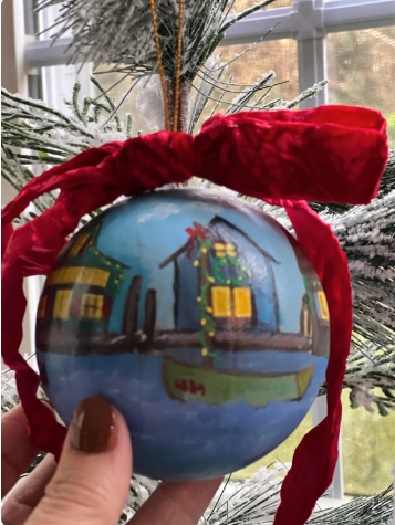 Hand-Painted Coastal Ornament – New England Fishing Village, Heirloom Bauble