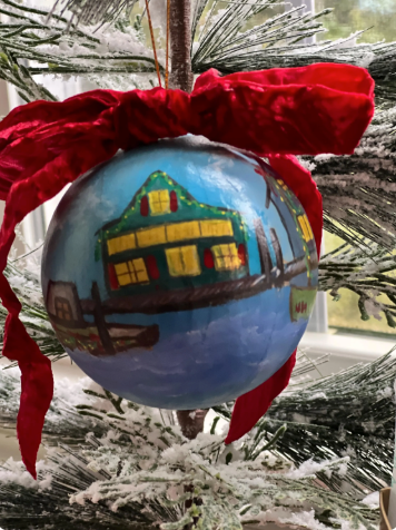 Hand-Painted Coastal Ornament – New England Fishing Village, Heirloom Bauble