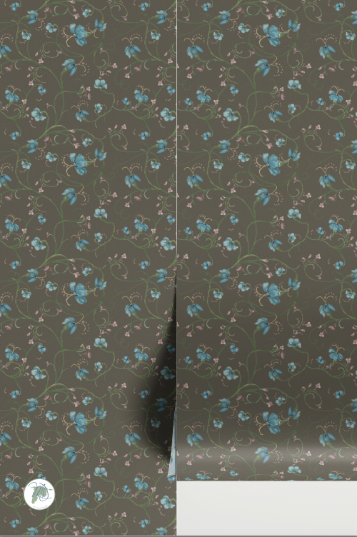 Floral wallpaper with small blue flowers on a dark green background