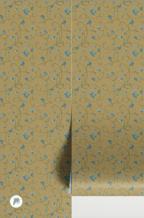 Patterned paper with blue floral design on a brown background