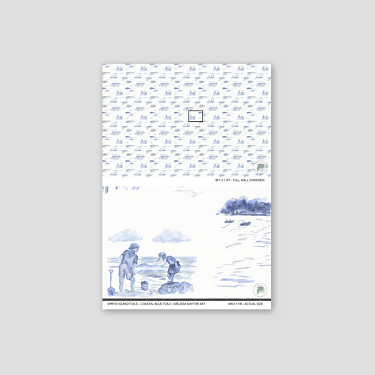Poster with blue and white design on a gray background