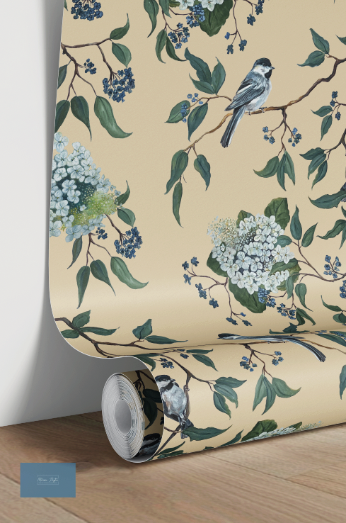 Roll of wallpaper with floral and bird design on a butter yellow  background