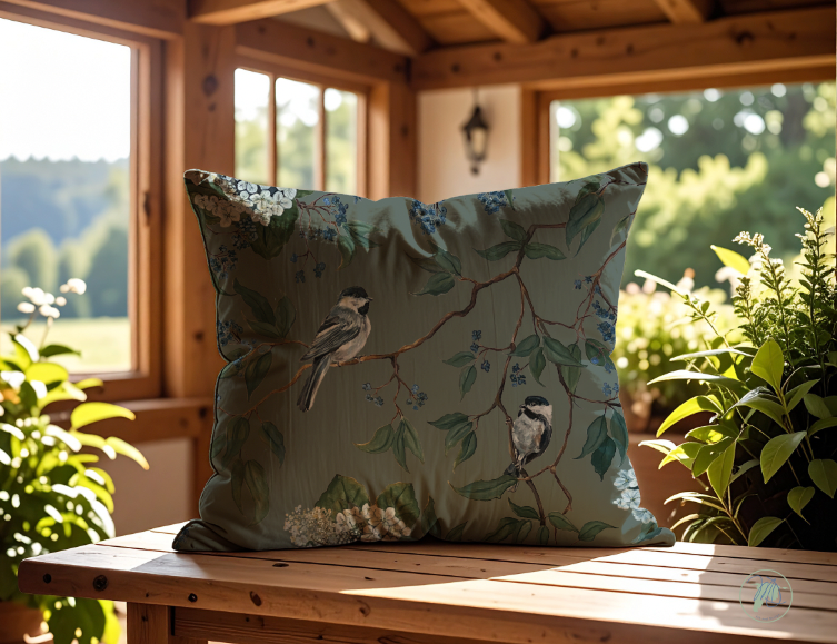 Decorative pillow with bird pattern on a wooden bench in a sunlit room with plants.
