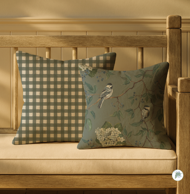 Two decorative pillows on a wooden bench with a checkered pattern and bird design.