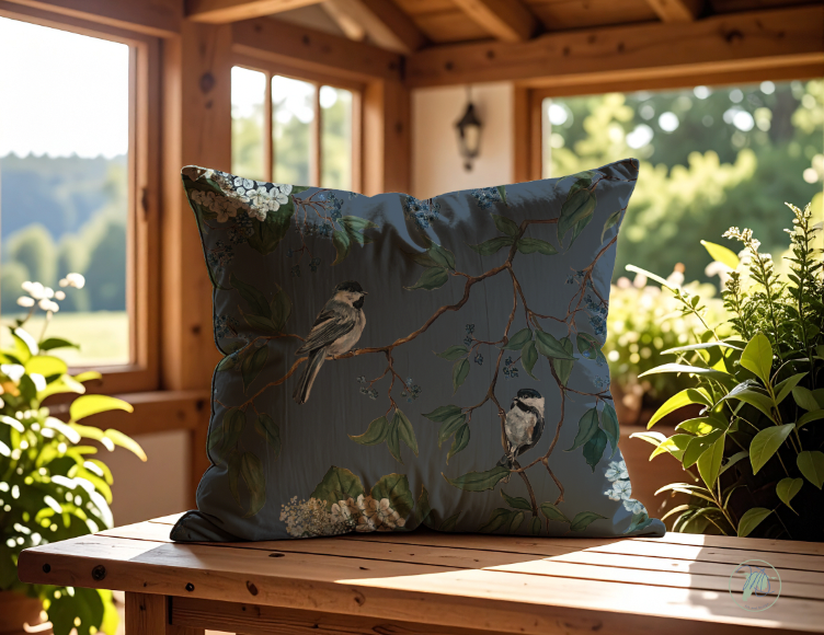 Decorative pillow with nature design on a wooden table in a sunlit room with plants.