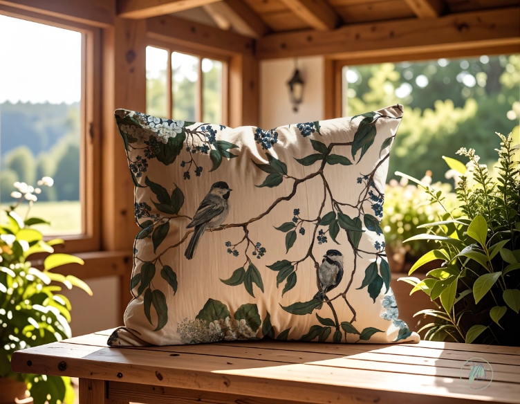 Decorative pillow with bird and branch pattern on a wooden surface with plants and window in the background