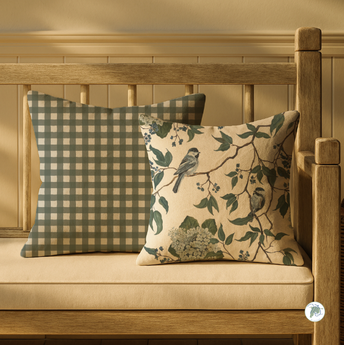 Two decorative pillows on a wooden bench with a checkered pattern and nature-themed design.