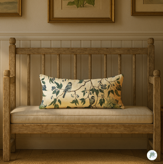 Wooden bench with a decorative pillow featuring birds and foliage in a room with framed artwork on the wall.